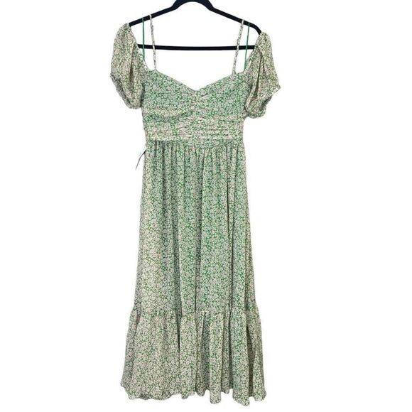 NWT Bardot Fauna Cold Shoulder Ruched Bodice Floral Midi Flare Dress Green Small - Picture 3 of 10
